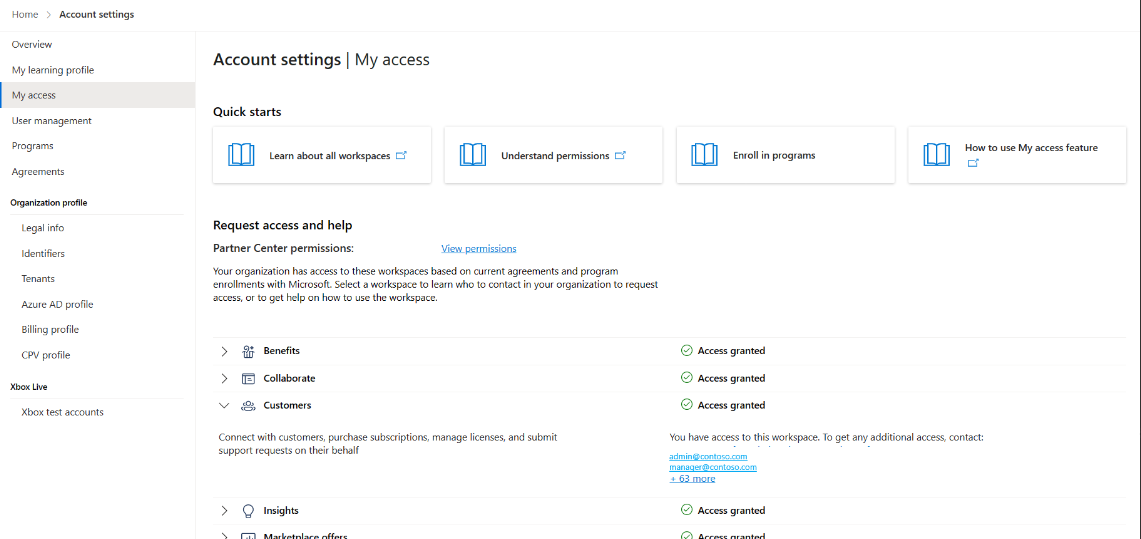 Screenshot of the My access page, showing workspaces, access levels, and dropdowns for additional info, such as admins to contact for access.