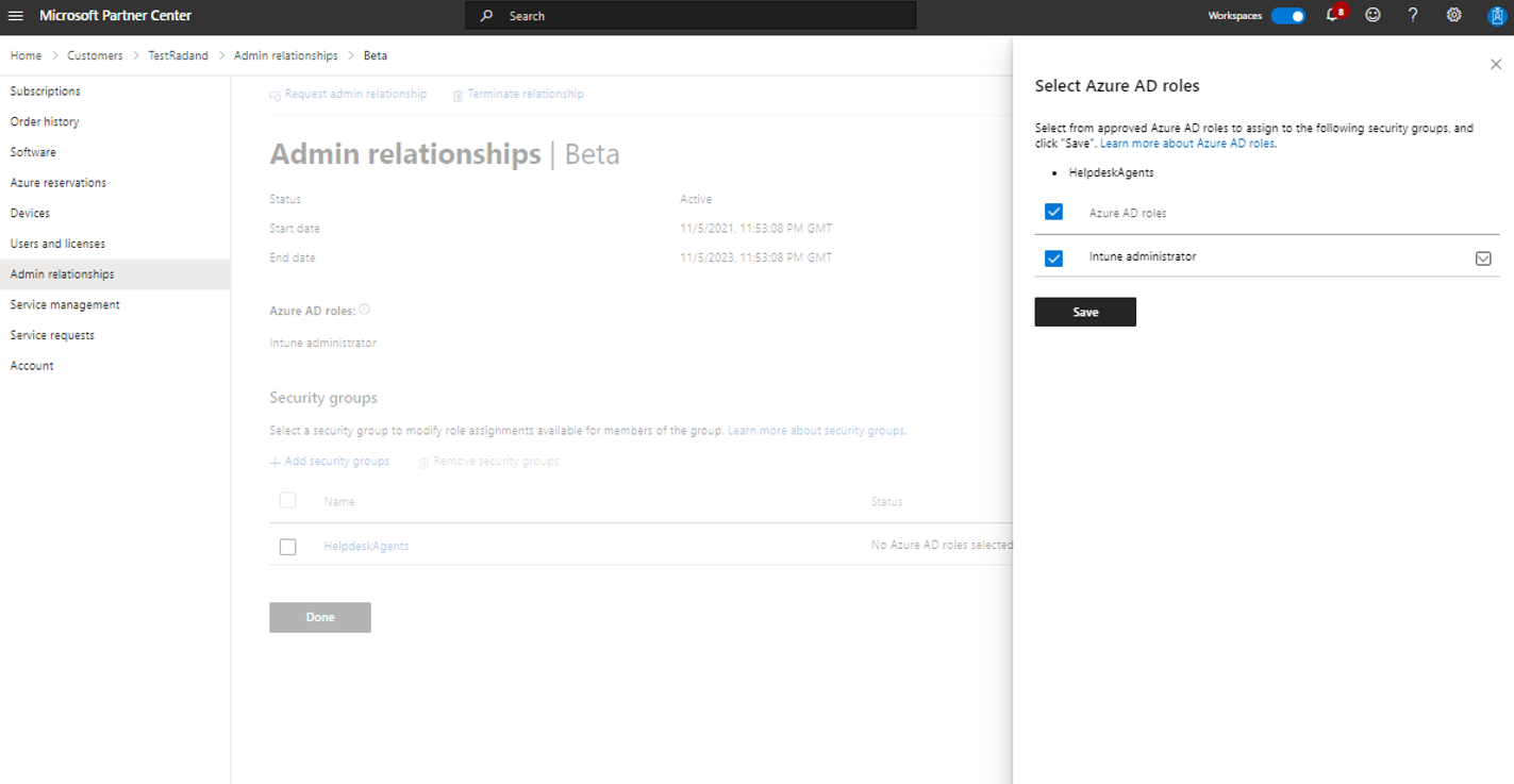 Screenshot depicting admin relationship details security group page.