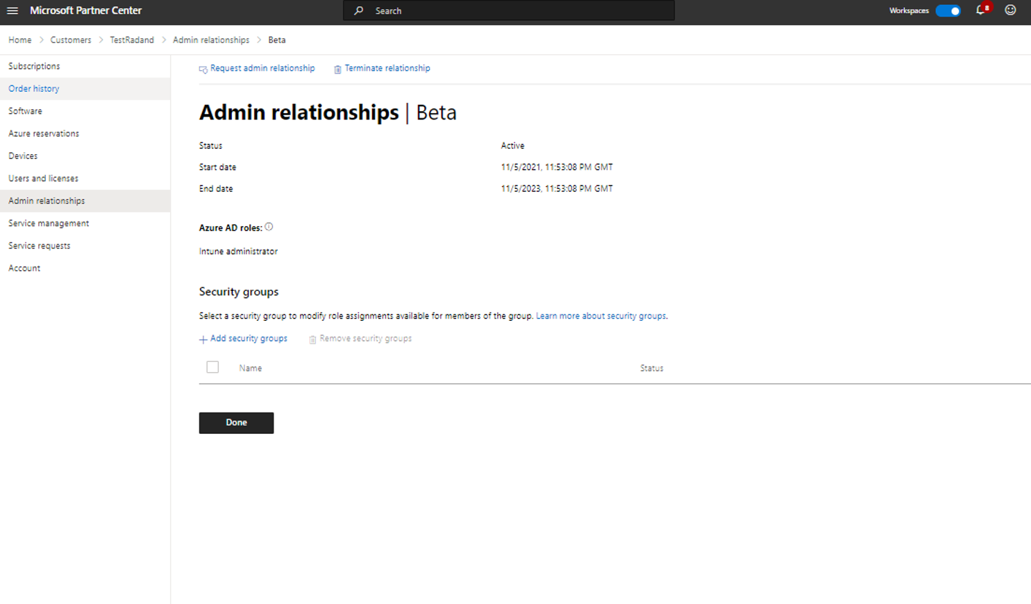 Screenshot depicting admin relationship details page.