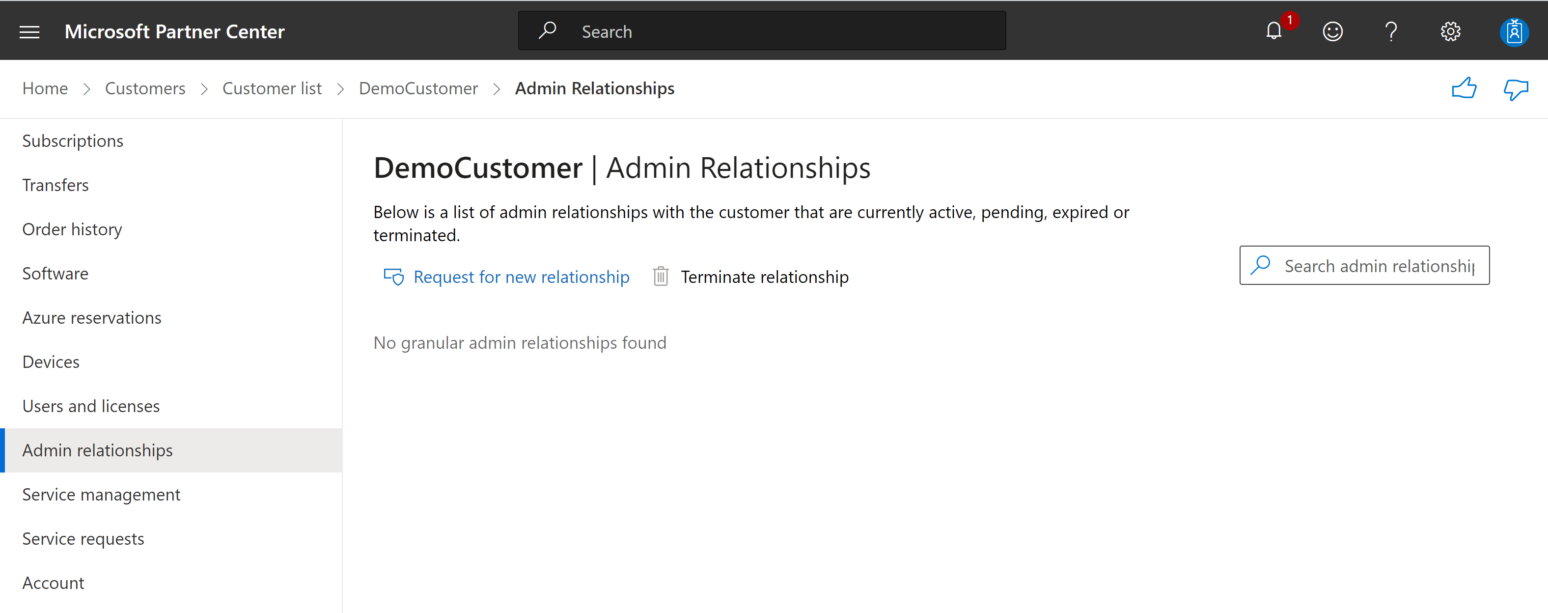 Screenshot depicting customer's admin relationships page in Partner Center.