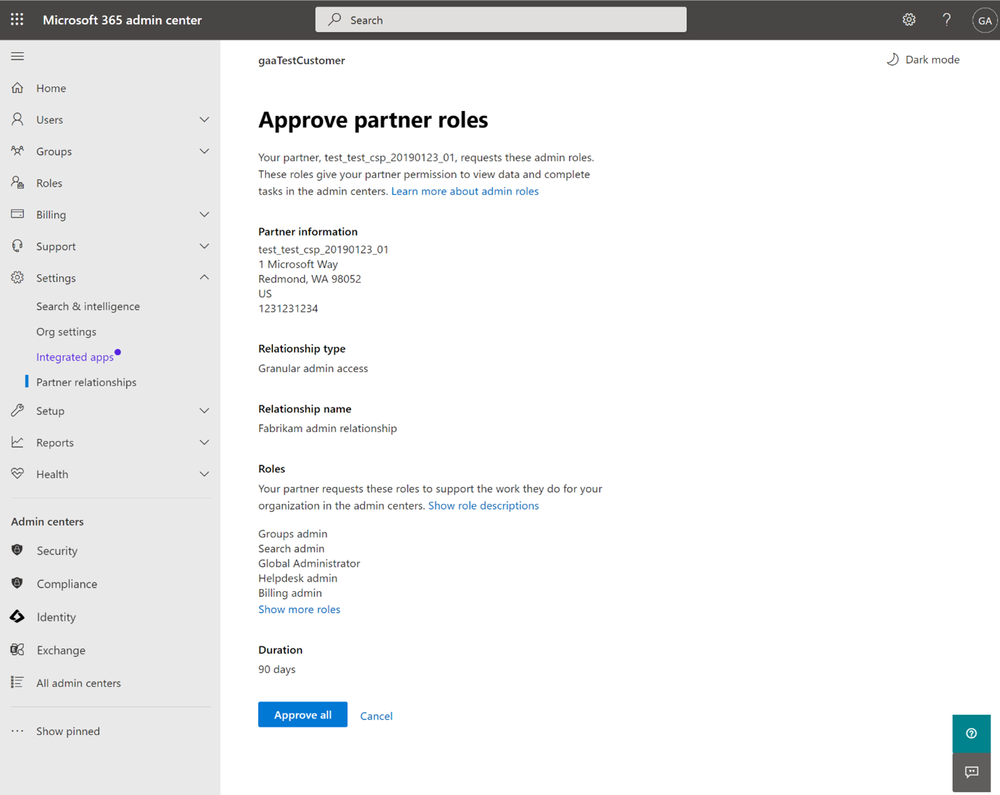 Screenshot of the GDAP relationship approval page with flyout.