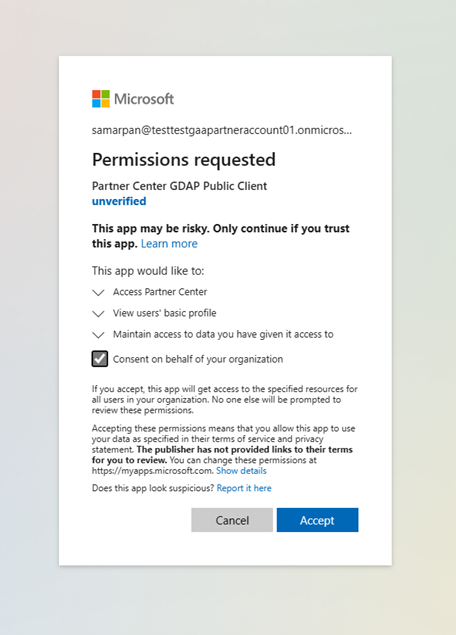 Screenshot of a dialog that asks for Global Administrator consent to allow a permissions request.