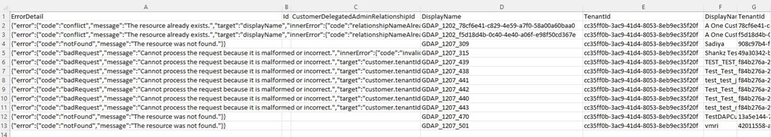 Screenshot of the CSV file that lists failed relationships.