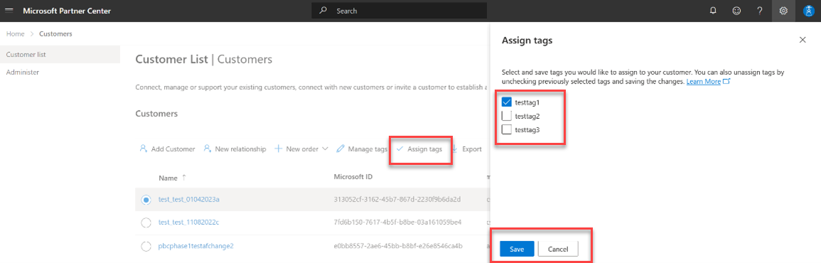 Screenshot of modifying existing tags  from the customer list page in Partner Center.