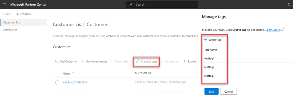 Screenshot of managing customer tags from the customer list page in Partner Center.