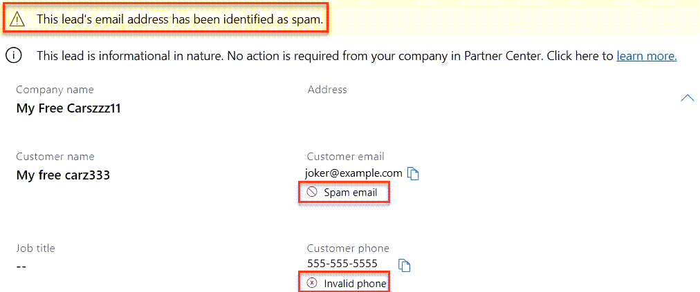 Screenshot of a lead in Partner Center with spam warnings highlighted.