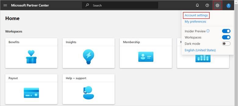 Screenshot of the account settings menu in Partner Center.