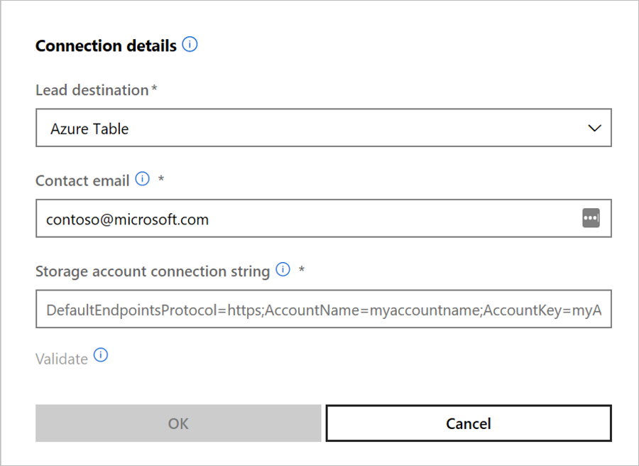 Lead management, Connection details storage account