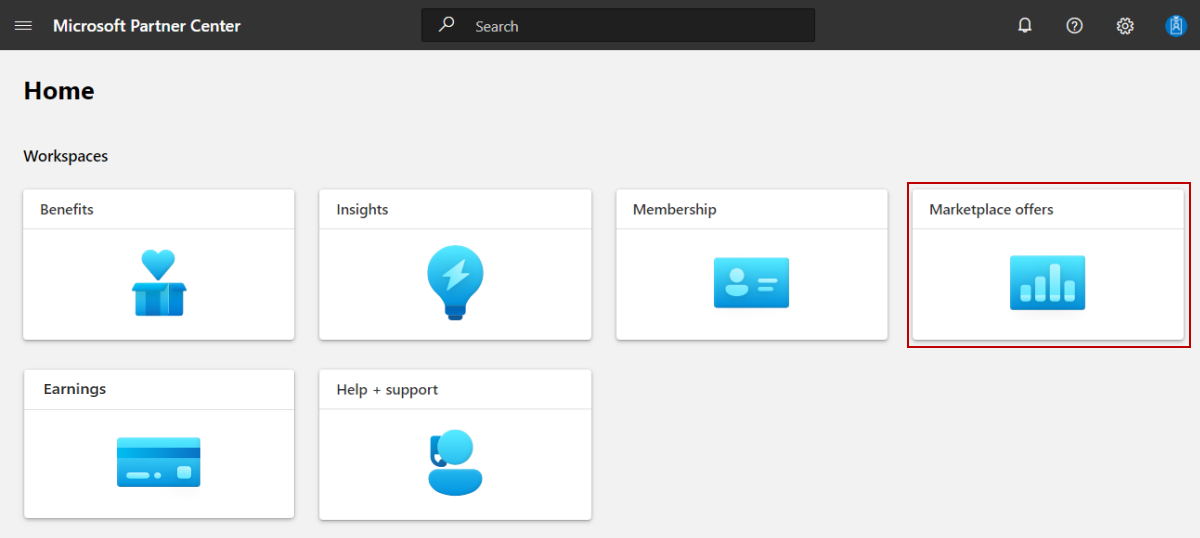 Illustrates the Marketplace offers tile on the Partner Center Home page.