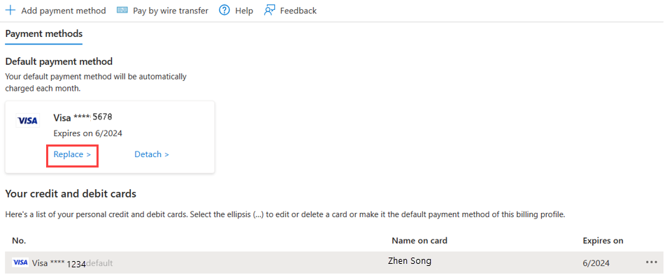 Screenshot of the Azure portal Payment Methods screen, with the credit card info shown.