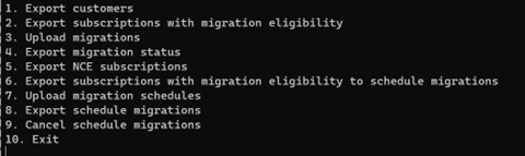 Screenshot of the bulk migration tool command line menu.