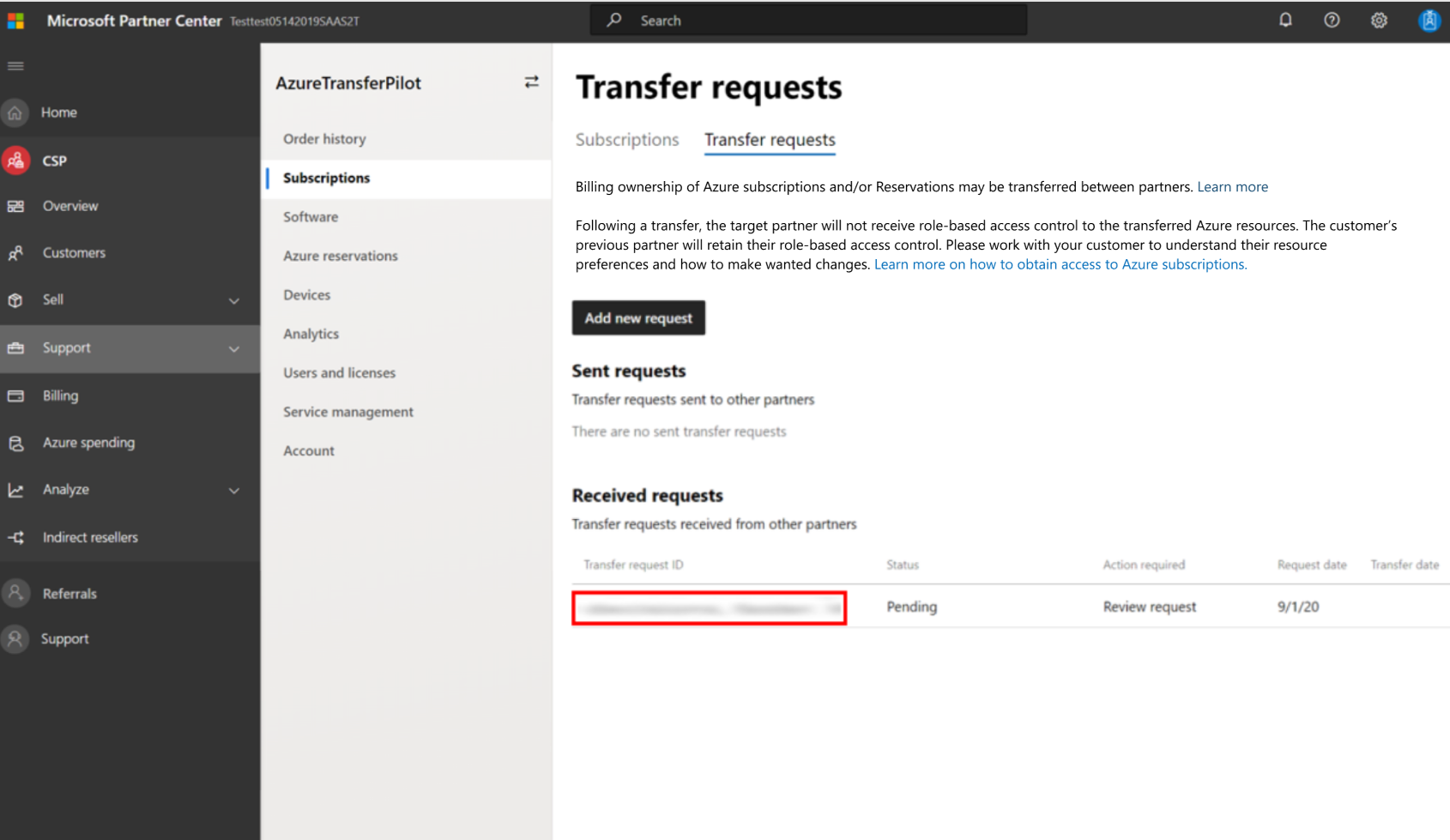 Screenshot that shows the Transfer requests tab, as seen by the current partner.