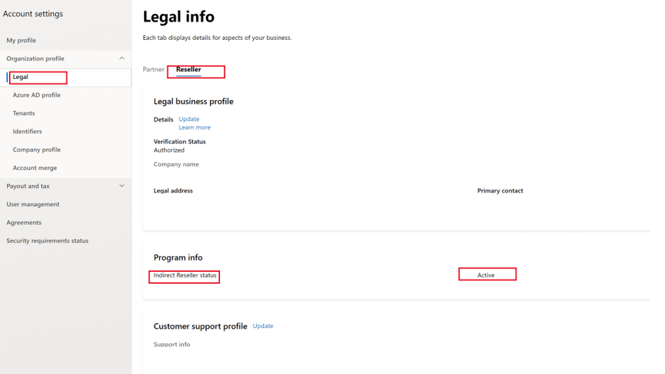 Screenshot of the Legal info page in Partner center with an Indirect Reseller status that is Active.