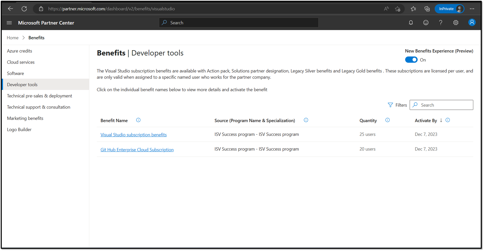 Screenshot of developer tools benefits.