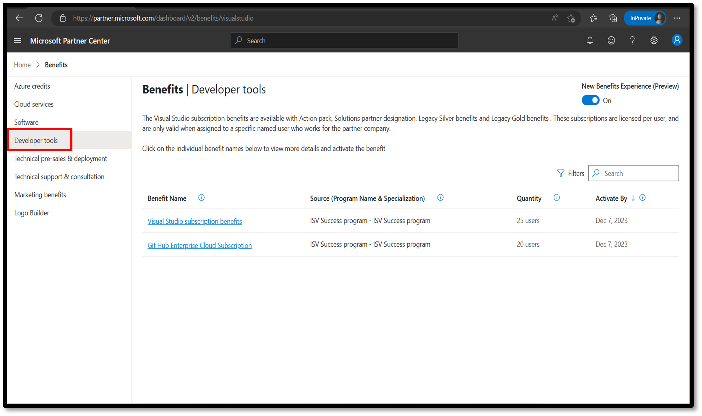 Screenshot of developer tools page.