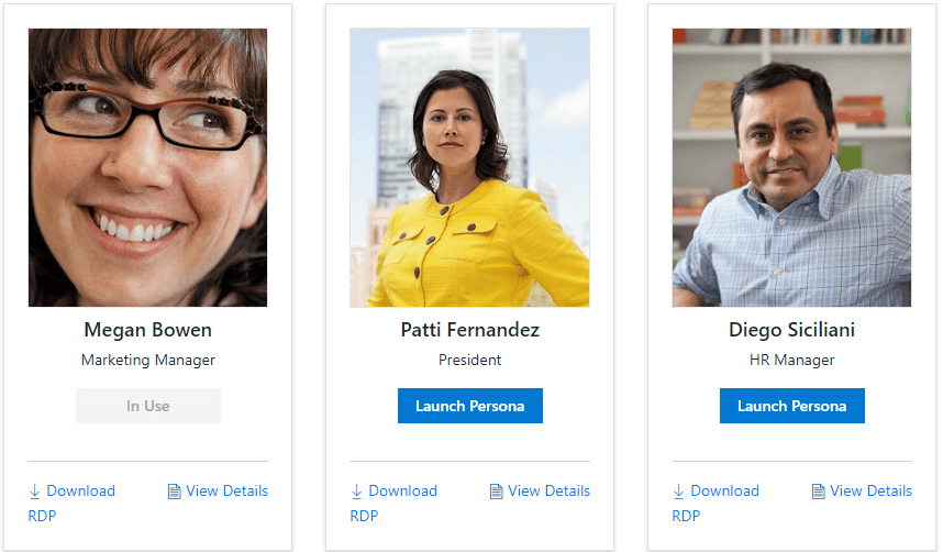 Screenshot of three Modern Workplace personas in the Modern Workplace Customer Immersion Experience at the Microsoft Customer Digital Experience.