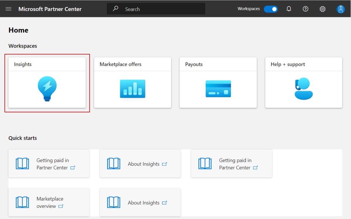 Illustrates the Insights tile on the Partner Center home page.