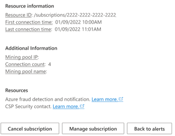 Screenshot showing the bottom of a security alert, with options to Cancel subscription, manage subscription, or Back to Alerts.