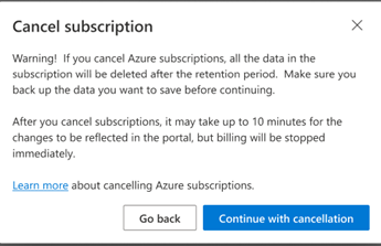 Screenshot showing the Cancel subscription dialog, with options: Go back and Continue with cancellation.