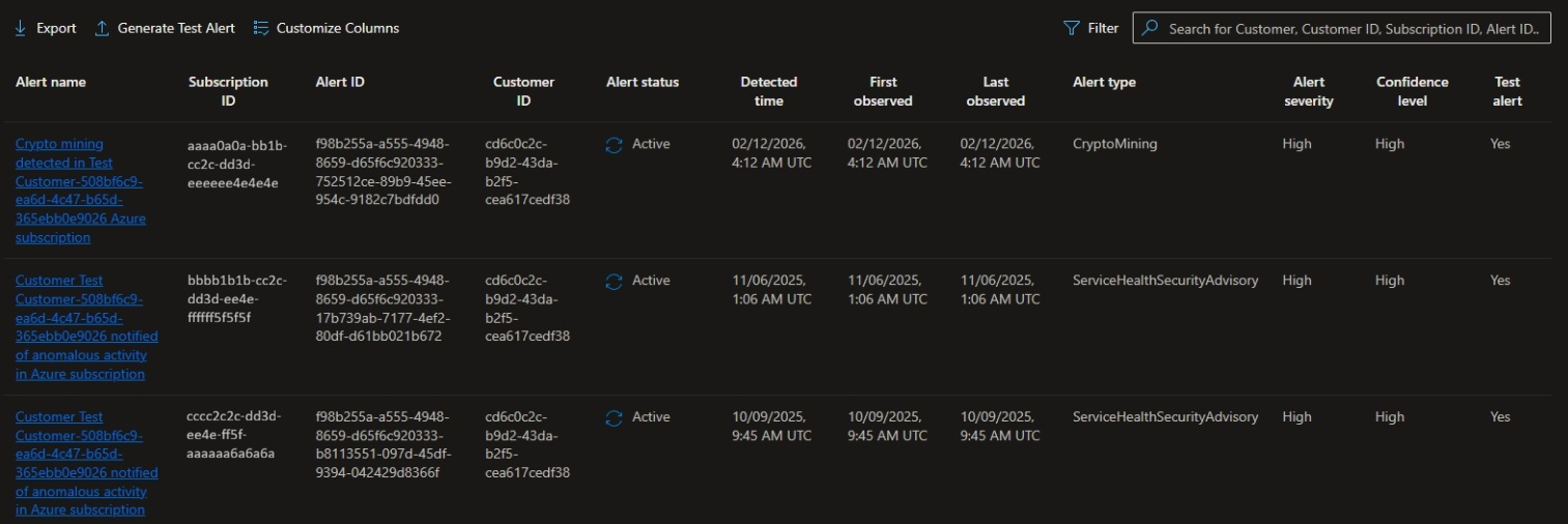 Screenshot that shows the Security Alerts dashboard and actions you can take, including Cancel subscription and Export.