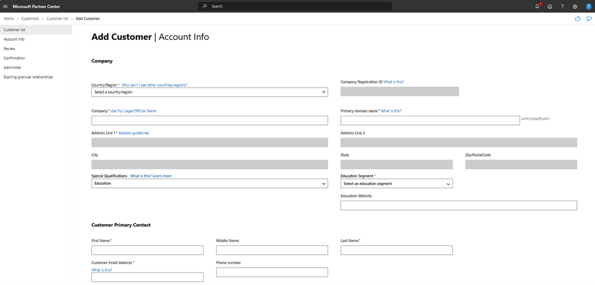 Screenshot of company account info page in Partner Center.