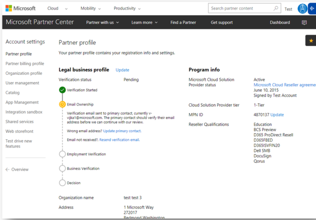 Screenshot of Account settings > Shared services in Partner Center.