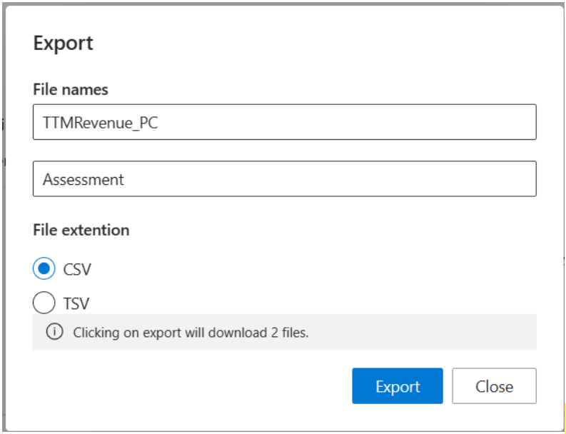 Screenshot of the Export page.