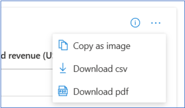 Screenshot showing the widget options menu, which includes the options: copy as image, download csv, and download pdf. 