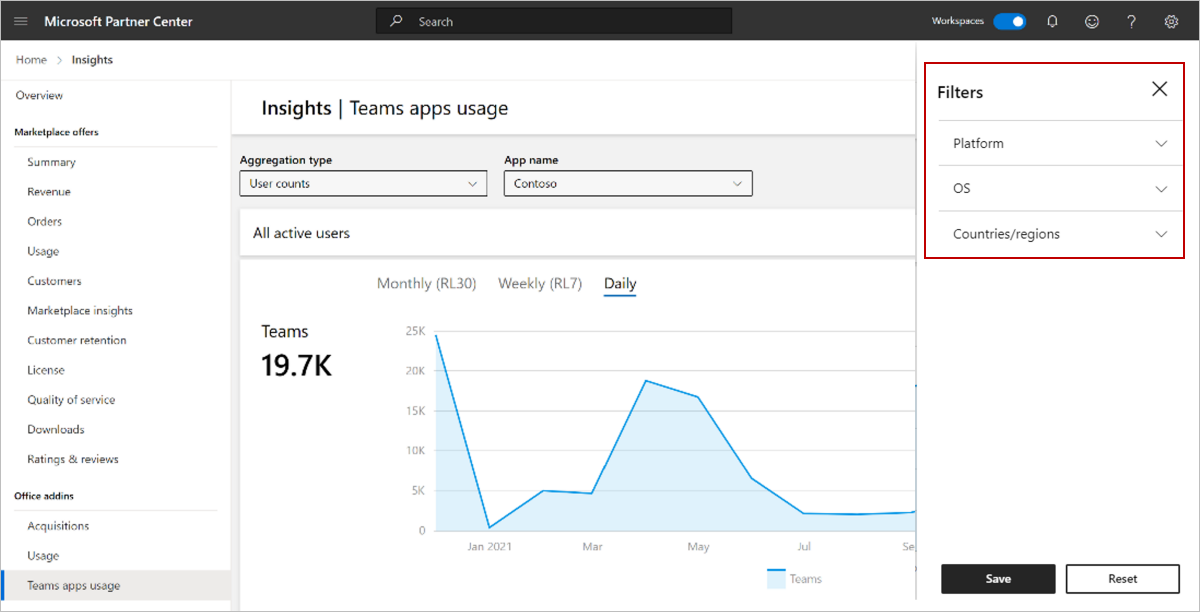 Screenshot of the Teams apps usage page in Partner Center that shows the other filters.