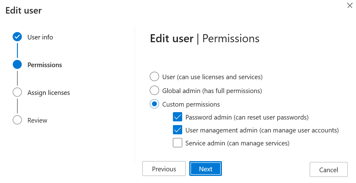 Screen shot of the Edit user - Permissions page.