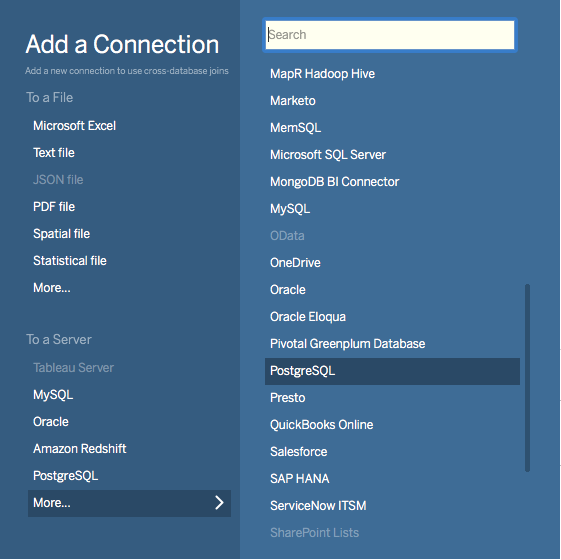 Screenshot showing the PostgreSQL option selected in the Add a Connection menu.