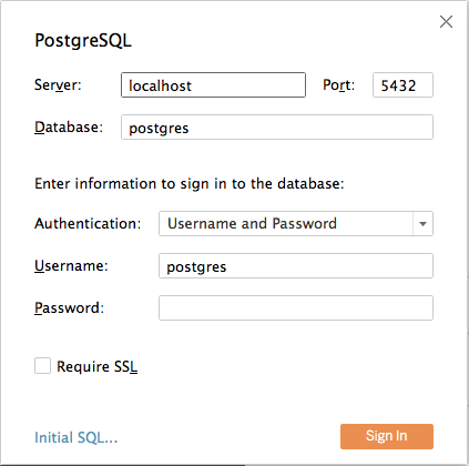 Screenshot showing the PostgreSQL connection details form.