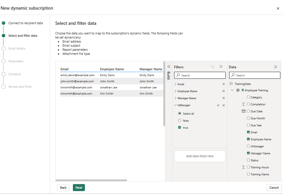 Screenshot showing the Select and filter data page for dynamic subscriptions in the Power BI service.