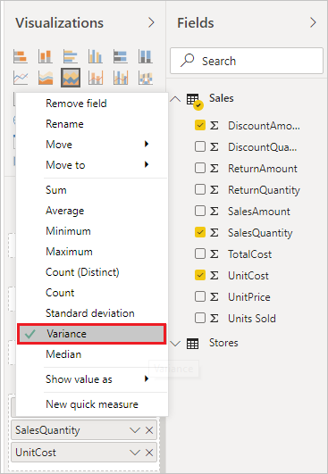 Screenshot of the Tooltip field well showing the dropdown menu for selecting aggregation functions.