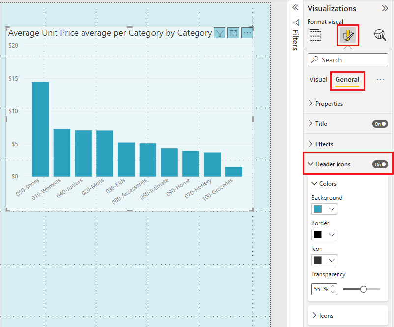 Screenshot of formatting options for the Visual header.