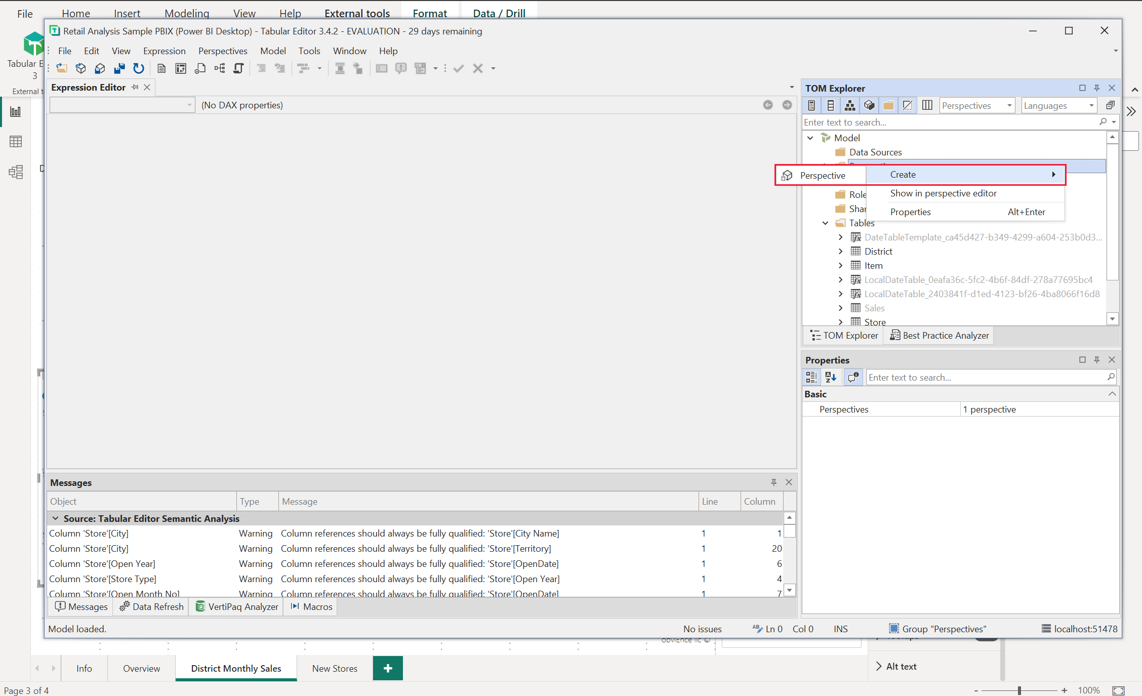 Screenshot of the Tabular Editor with Create and Perspective highlighted.