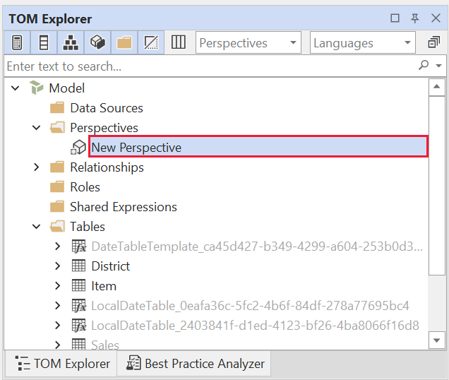 Screenshot of the perspective name highlighted for renaming.