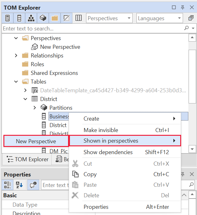 Screenshot of the Tabular Editor right-click menu with Shown in perspectives highlighted.