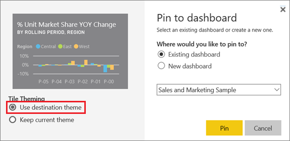 Screenshot of the Pin to dashboard window with the Use destination theme option highlighted.