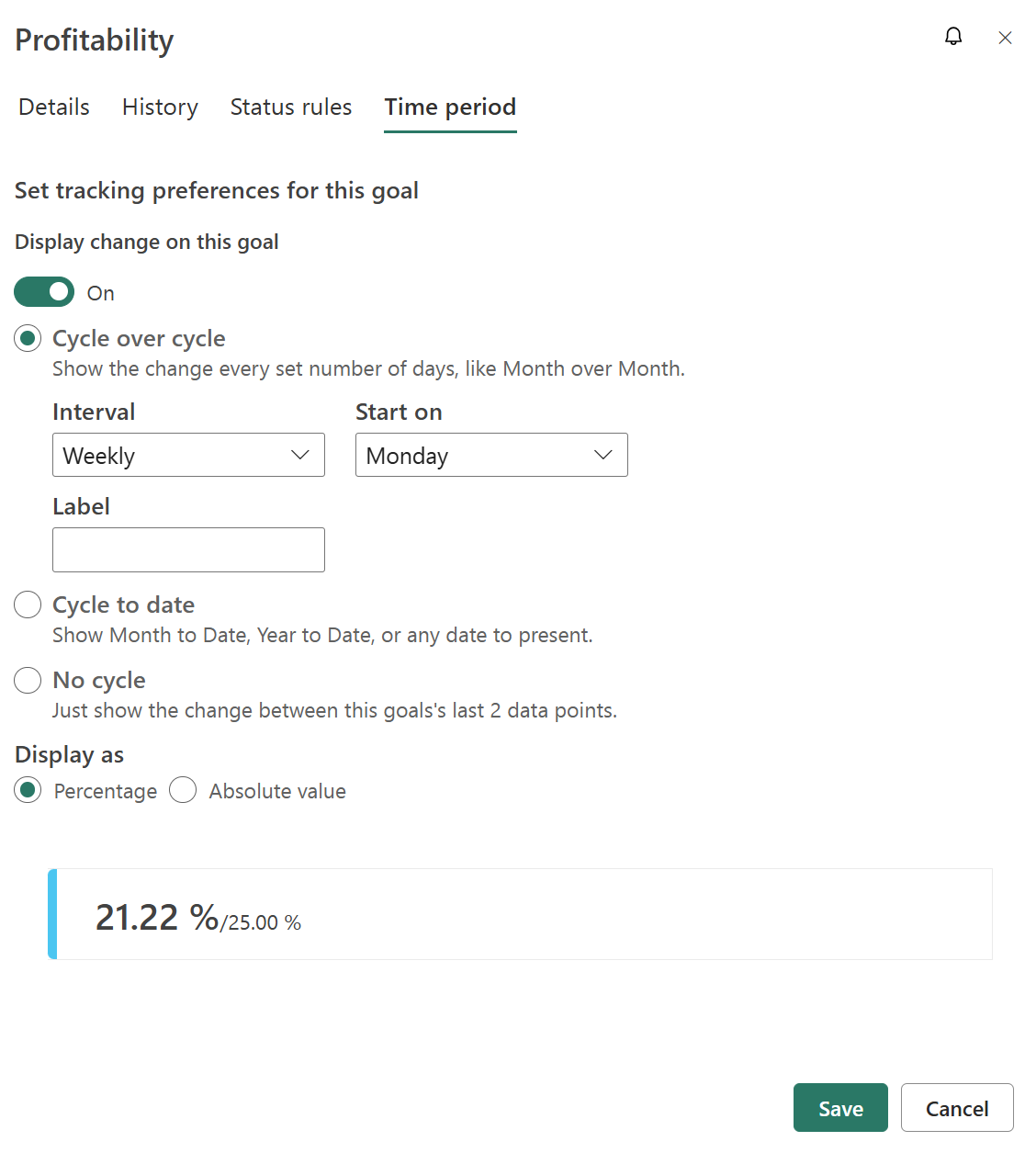 Screenshot showing how to set the tracking cycle for your goal.