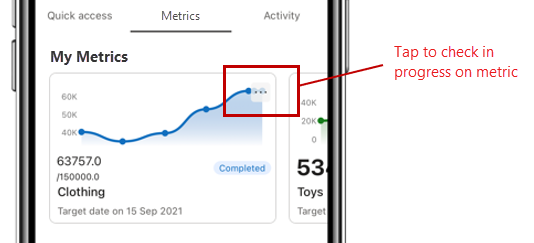 Screenshot of metrics hub in the Power BI mobile app.