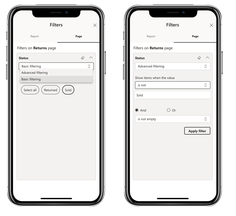 Screenshot of Power BI phone report basic and advanced filtering.