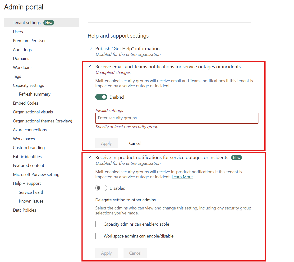 Screenshot of the tenant setting for service interruption notifications.