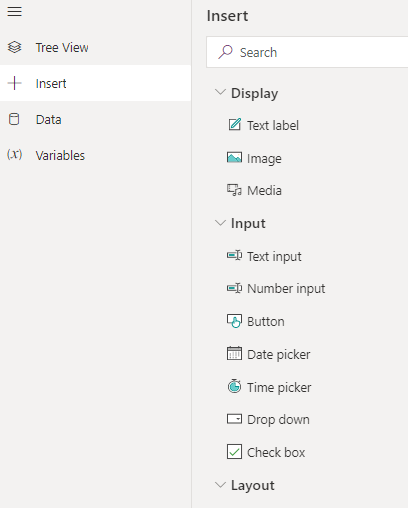 Screenshot of the Insert menu in the Power Apps card designer.