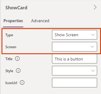 Screenshot of a Show Screen button properties pane in the card designer.