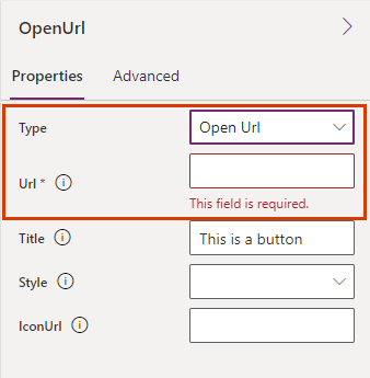 Screenshot of an Open Url button properties pane in the card designer.