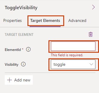 Screenshot of a Toggle Visibility button properties pane in the card designer, with the Target Elements tab shown.