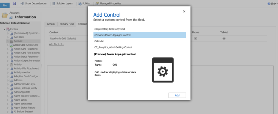 Adding the (Preview) Power Apps grid control