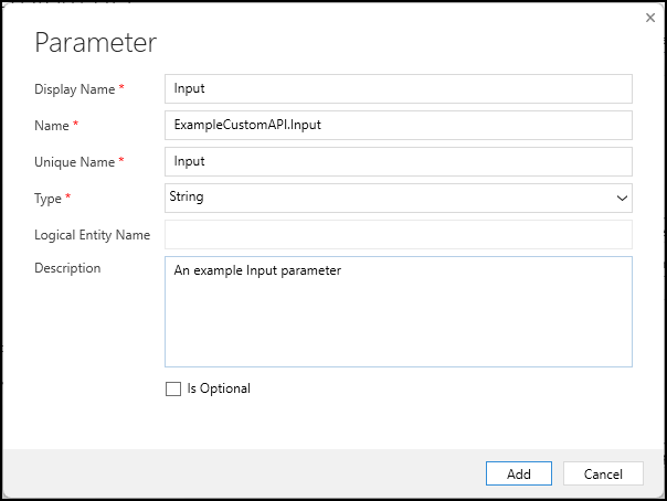 Custom API Request Parameter Create form