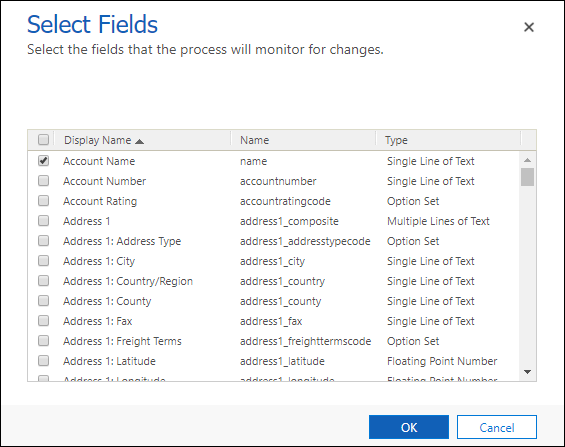 Start when field changes setting field select dialog.